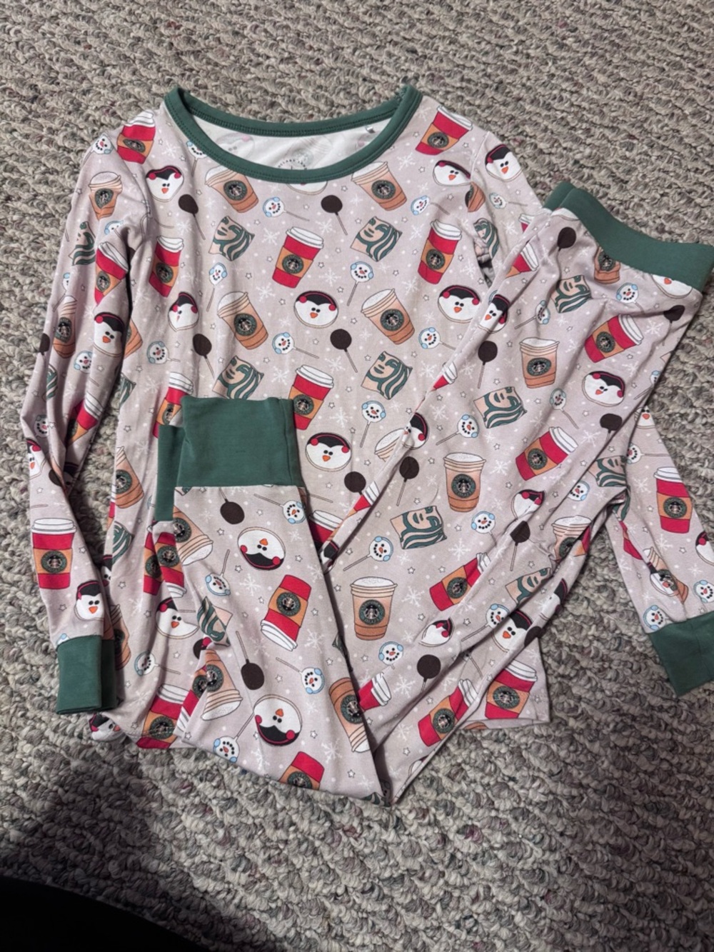 BAMBOO Kids Holiday Coffee & Snowman Pajama Set - Green Trim